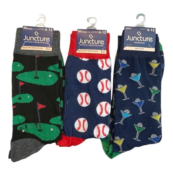 Juncture Sports Crew Socks 3 Pack Lot Black Blue Knit Baseball Gold Martini Men' - Picture 1 of 4